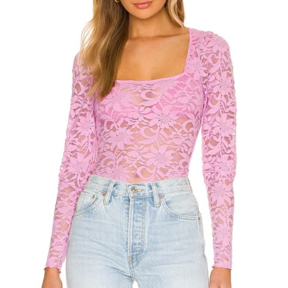 Revolve X Free People Long Distance Layering Long Sleeve Sheer Lace Top Pink NWT